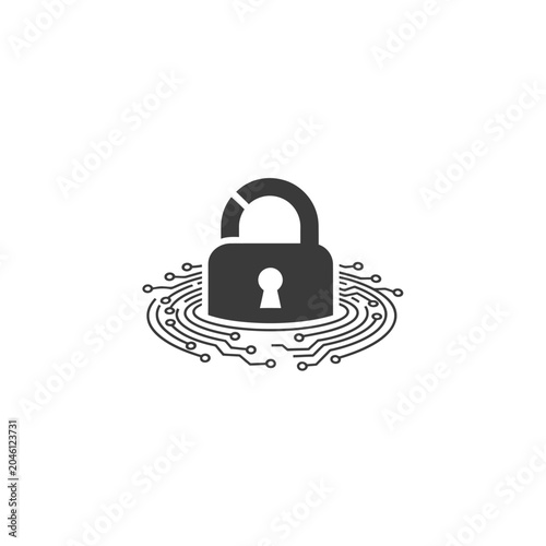 Cybersecurity padlock icon over digital circuit board background
