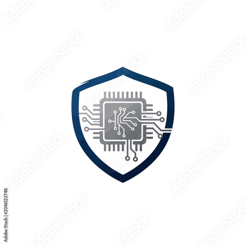 Cyber security logo with computer chip inside a blue shield