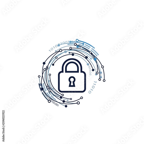 Cyber security padlock symbol with binary code rings
