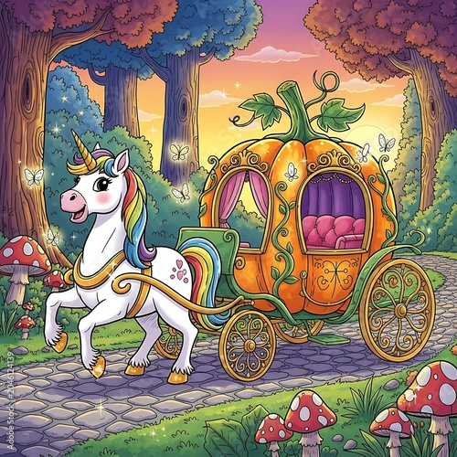 Whimsical fairy tale scene with unicorn and vintage carriage.