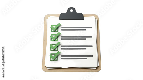 Checklist on clipboard with green check marks and lined paper
