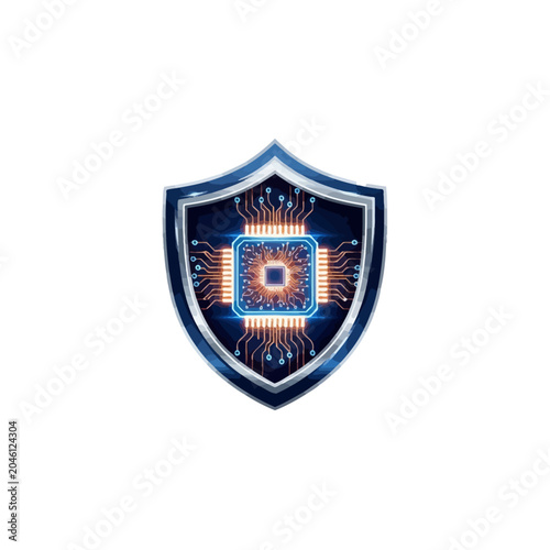 Cyber security shield with electronic circuit chip on white background