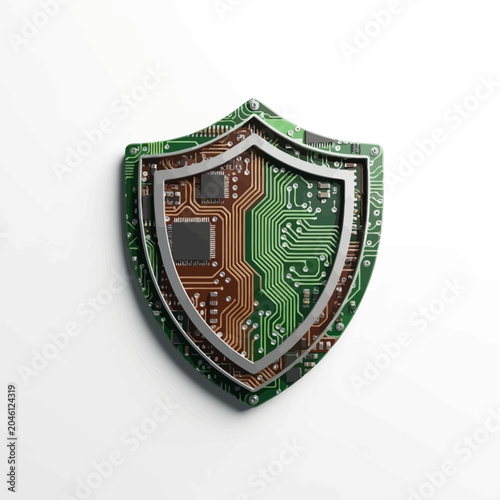 Cybersecurity shield symbol with electronic circuit board patterns