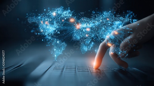 Hand touching keyboard with global network map connecting data across the world digital transformation concept