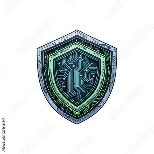Cybersecurity shield with green glowing circuit board patterns