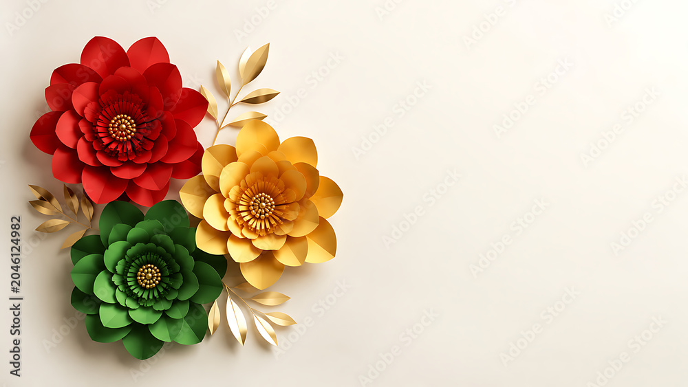 Fototapeta premium Elegant paper flower artistry in red, yellow, and green, celebrating rich cultural pride and heritage