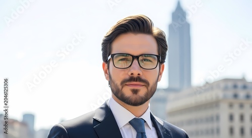 Confident Businessman in Suit and Glasses Outdoors with Cityscape Background