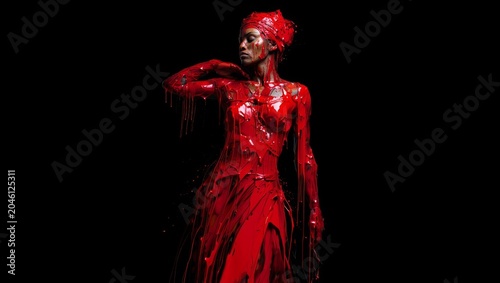 Artistic portrait of a woman covered in black and red liquid paint. Elegant black woman in red dripping dress on a dark background.