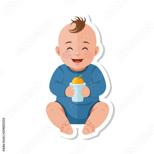 Smiling Baby Holding Bottle Closeup.