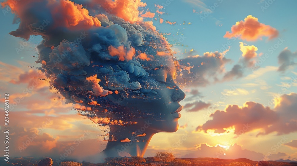 Obraz premium Dreamlike celestial vision, Mystical profile emerges among luminous golden sunset clouds, Serene horizon is filled with glowing shards and drifting embers in sunset sky