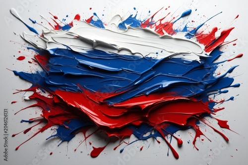 Abstract Russia flag textured background with thick oil paint splashes. Russian national flag tricolor in modern artistic style.