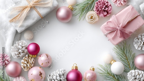 Winter holiday background decorated with festive presents ornaments pine cones and fresh evergreen branches