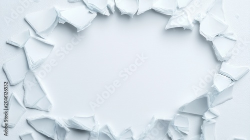 White broken fragments surrounding clear blank space showing fragility and change concept background