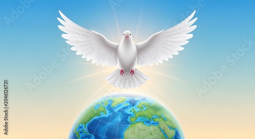 White dove of peace flying above the earth globe symbol of hope and global unity