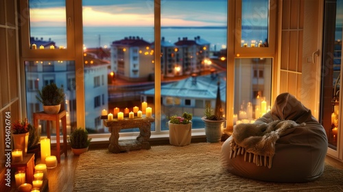 Cozy Sunlit Living Room with Candles and Potted Plants During Sunset