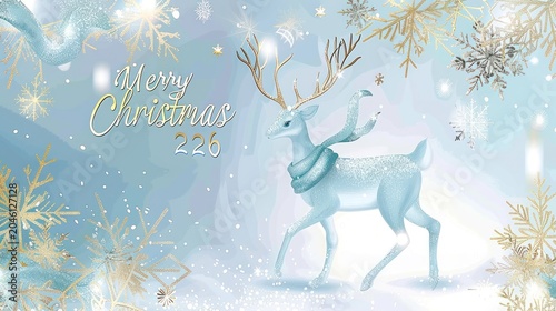 Elegant Blue Reindeer with Gold and Silver Snowflakes for Christmas Holiday Greeting Card