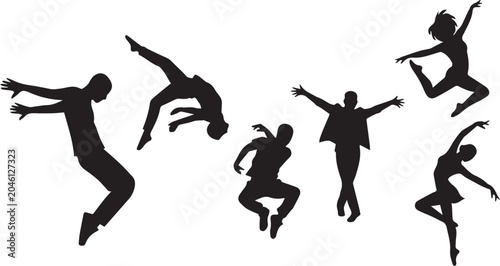 Foto Set of active people silhouettes jumping flipping and dancing isolated on a whit