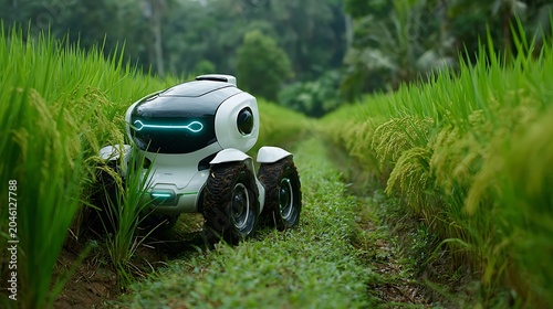 Futuristic white wheeled agricultural robot navigating through a lush green rice field, perfect for smart farming and agrotech industry commercial use