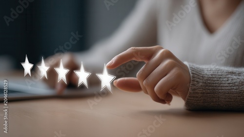 Hand giving five stars rating for online customer experience and excellent service feedback
