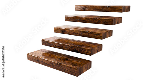 Five dark brown wooden planks arranged in a staggered formation isolated on transparent background