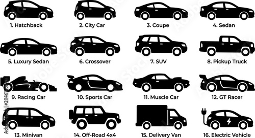 Photos Various types of cars and trucks in silhouette on white background