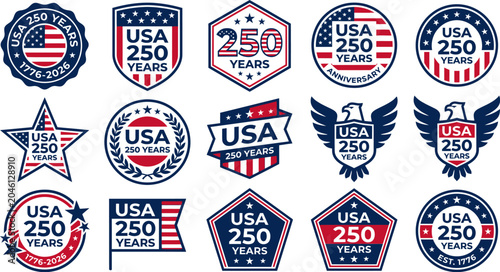 USA 250 years anniversary patriotic badges and labels set  various american themed emblems