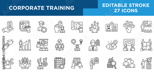 CORPORATE TRAINING  line icons set with welcome, learn, apprentice, listen, teach, intern, explore, practicant, and on the job concepts. Editable stroke vector collection.	