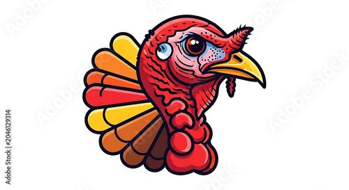 Colorful cartoon rooster with decorative feathers and wattle.
