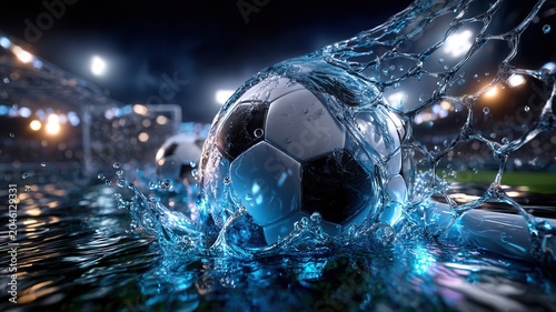 Soccer ball causing a dynamic water splash on a field symbolizing energy and victory in an illuminated sports arena