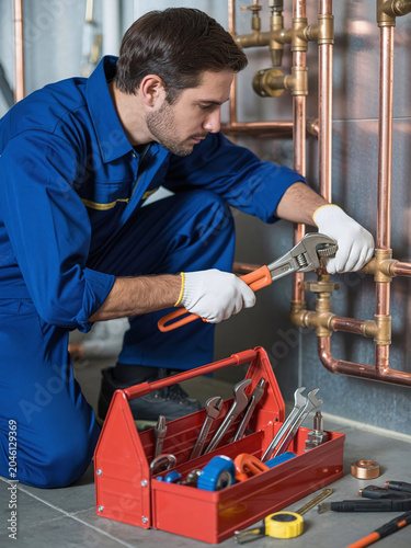 A male plumber working on copper pipes with a wrench.