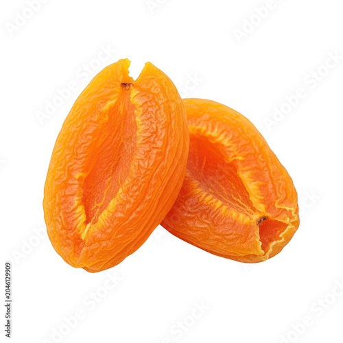 two fresh halved apricots with juicy flesh isolated on transparent background