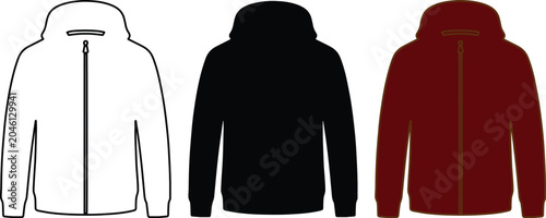 Fotografie Versatile hoodie vector template, three blank hooded sweatshirts in white, black