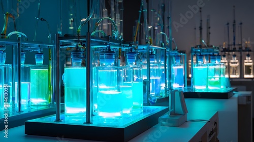 Close Up of Scientific Glassware with Glowing Blue Liquid in a Modern Research Laboratory