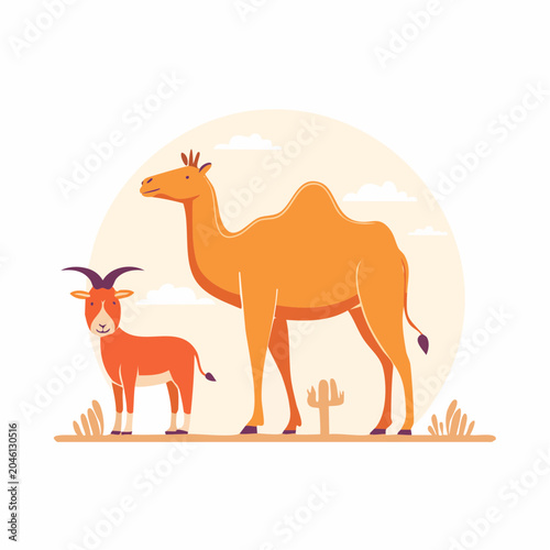Camel and Goat in Desert Landscape