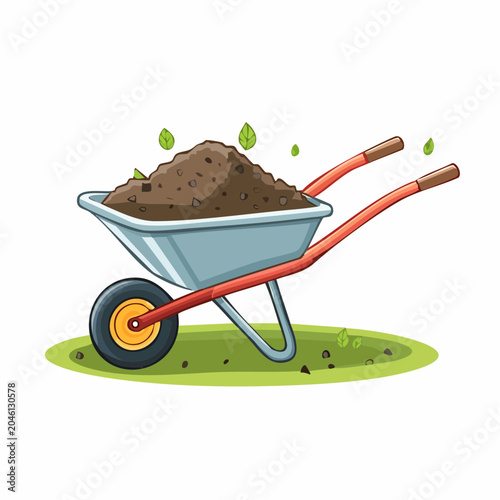 Cartoon Wheelbarrow Filled with Soil and Leaves
