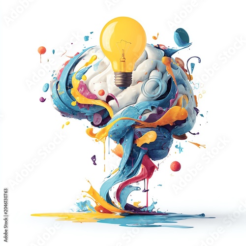 A colorful explosion of creativity featuring a brain and light bulb, symbolizing inspiration and innovative ideas.