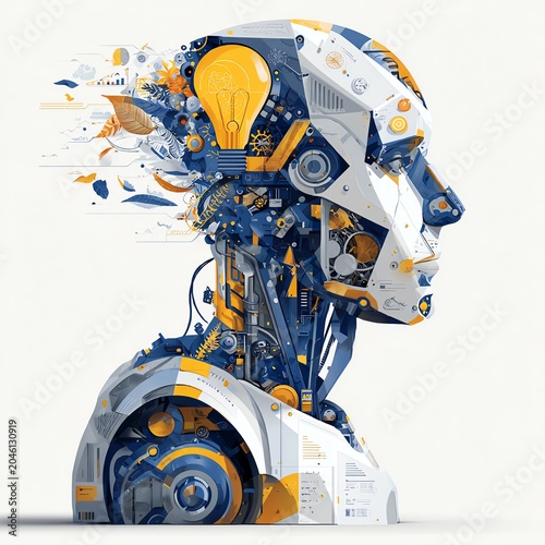 A futuristic robotic head with abstract patterns, symbolizing innovation and creativity in technology and design.