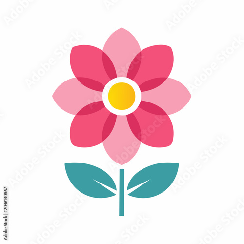 Stylized Pink Flower with Yellow Center and Green Leaves