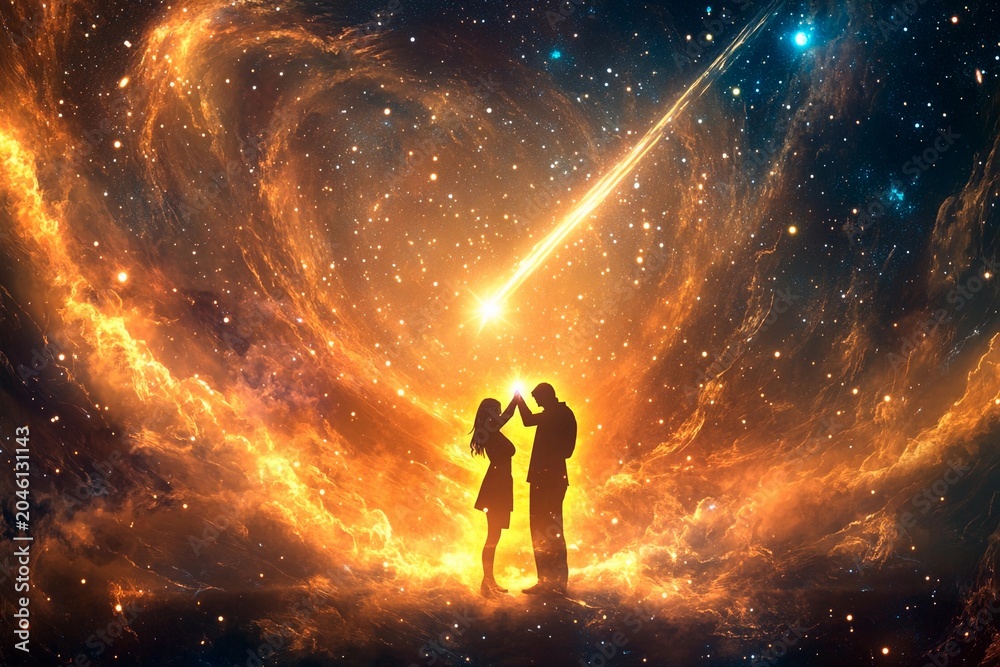 Fototapeta premium Couple making a wish together as a shooting star lights up the night sky in a stunning cosmic display