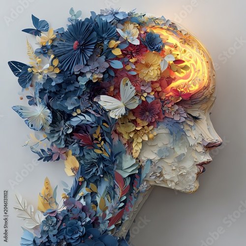 A vibrant artwork depicting a human face adorned with colorful flowers and butterflies, symbolizing creativity.