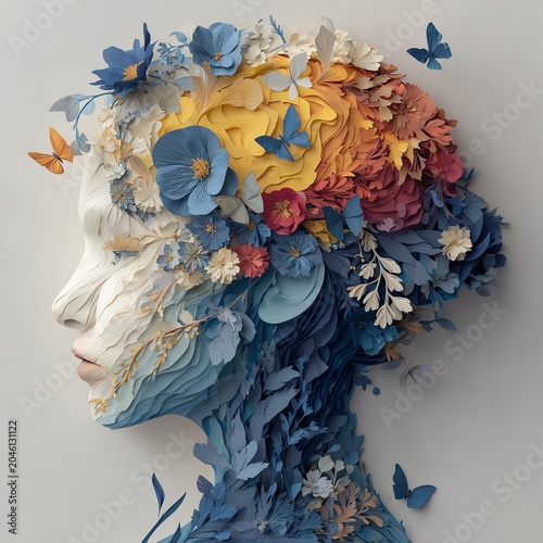 A vibrant, artistic representation of a woman's face made entirely from colorful paper flowers and butterflies.