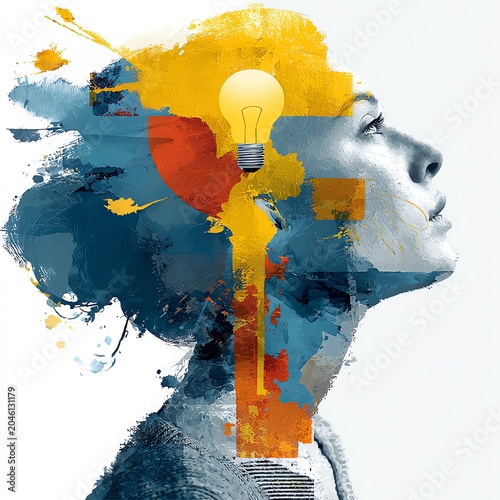 A vibrant fusion of creativity and inspiration illustrated through a woman's silhouette with abstract art.