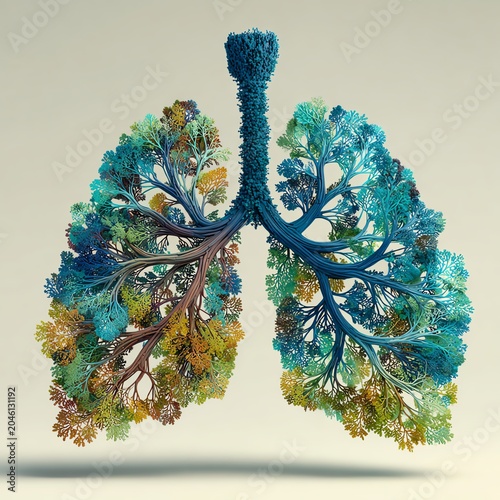 A vibrant representation of lungs intertwined with colorful trees, symbolizing health and nature's connection.