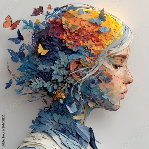 A captivating portrait blending nature and human emotion, showcasing a vibrant connection with butterflies and flowers.
