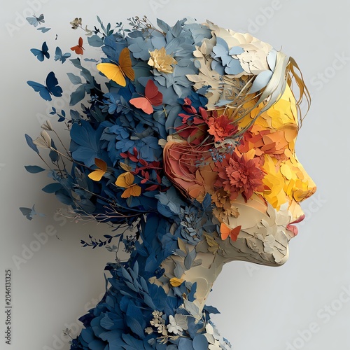 A captivating paper art sculpture blending human features with vibrant floral elements and butterflies.