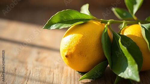 A fresh lemon with green leaves on rustic wood, illuminated by soft natural sunlight.