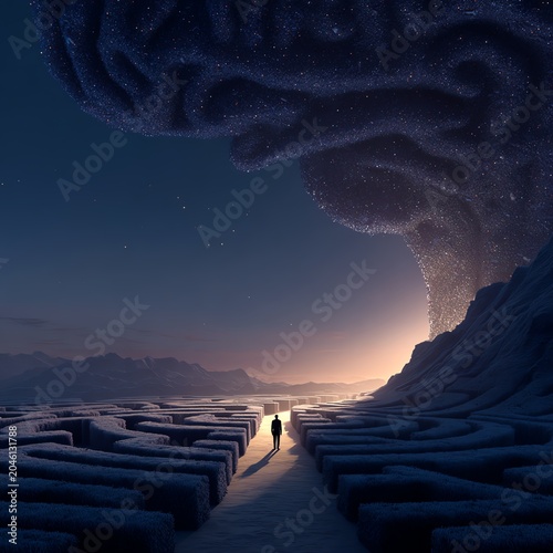 A surreal landscape depicting a brain-shaped formation, symbolizing complex thoughts and introspection.