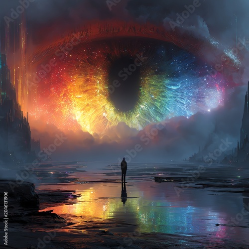 A surreal landscape featuring an eye-like nebula reflecting human curiosity and contemplation under cosmic colors.