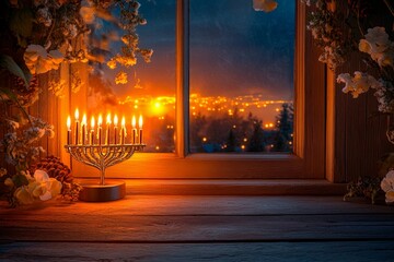 Beautifully arranged Hanukkah menorah with lit candles glowing softly in a peaceful setting