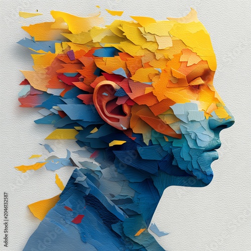 A vibrant artistic representation of a human head, showcasing emotions and thoughts through colorful paper layers.
